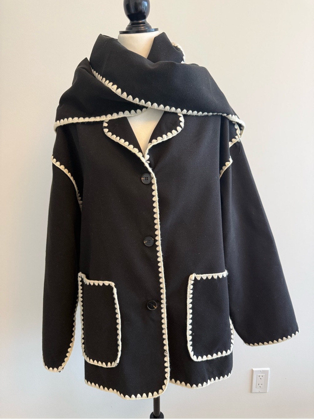 Black Felt-Like Pea Coat with White Scalloped Trim & Scarf